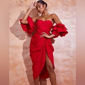 PrettyLittleThing Red Frill Off-Shoulder Slit Midi Dress